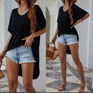 Boho black V neck high low oversized top